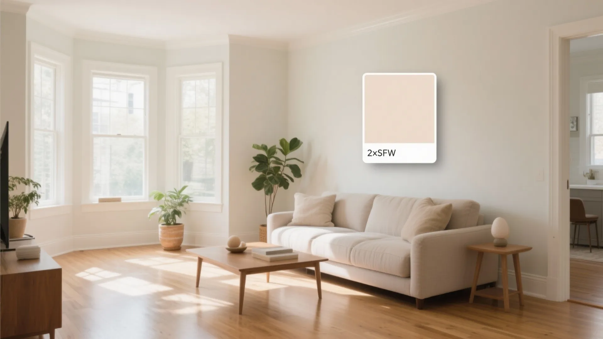 Bright living room with white sofa wooden coffee table green plants and beige wall paint swatch