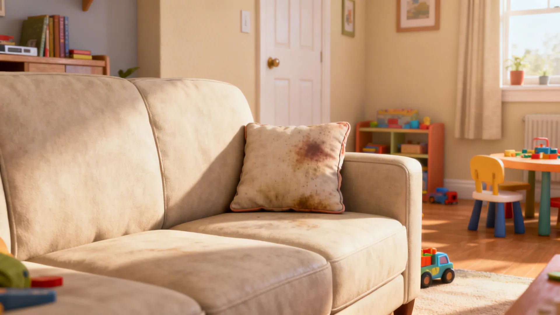 Family living room with eggshell walls and practical, easy-to-clean surfaces