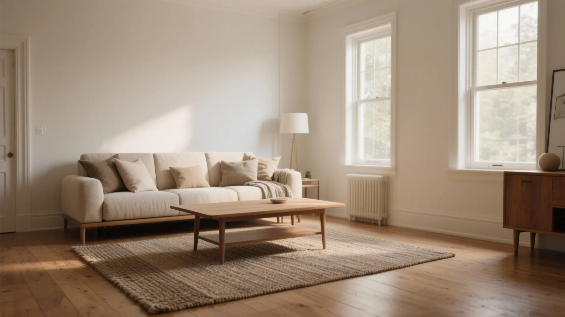 Minimalist living room with beige sofa wooden coffee table textured rug floor lamp and white windows
