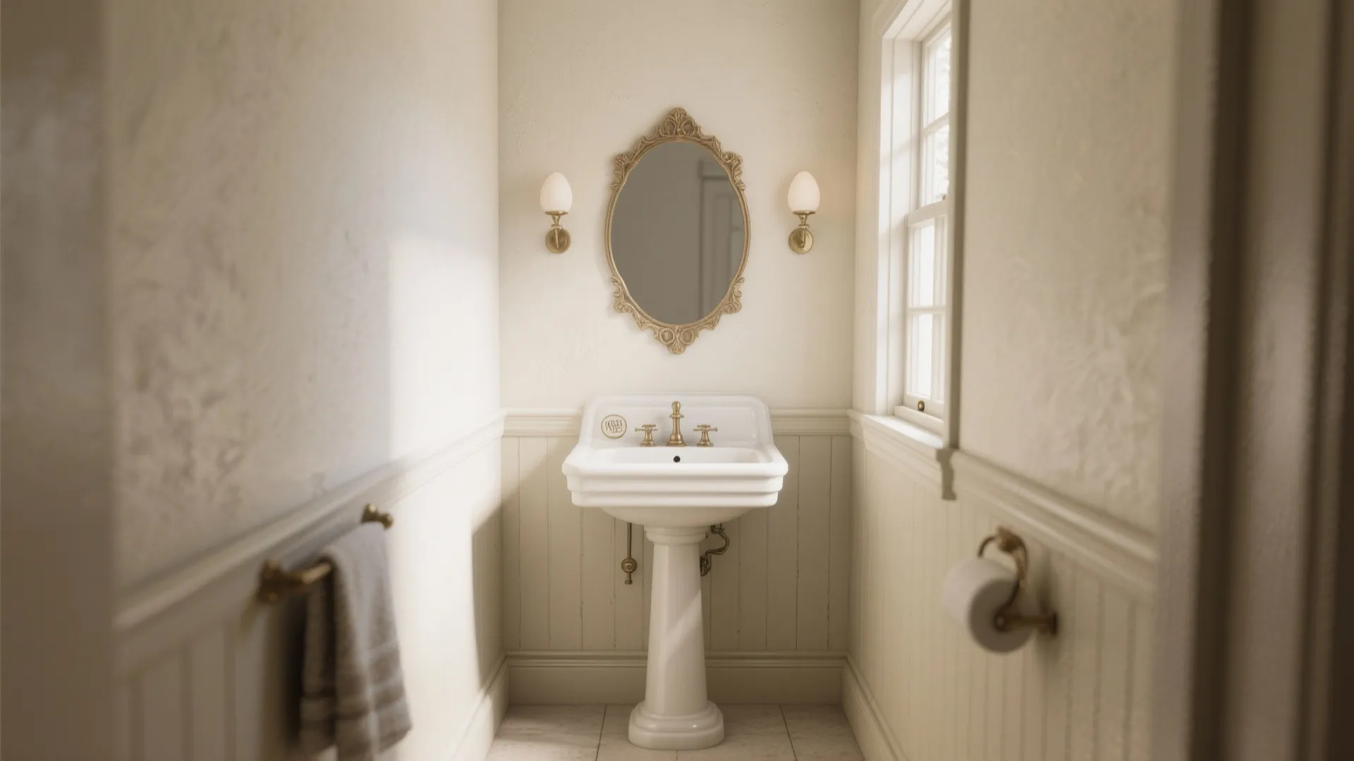 Small classic powder room featuring white pedestal sink oval mirror wall light and cream walls