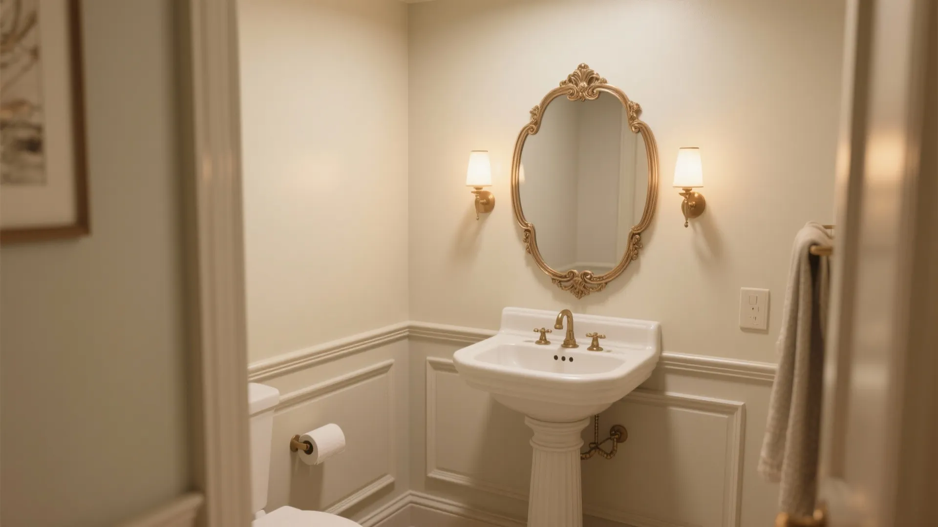 Powder room with pedestal sink gold faucet ornate mirror wall lights and white wall panels