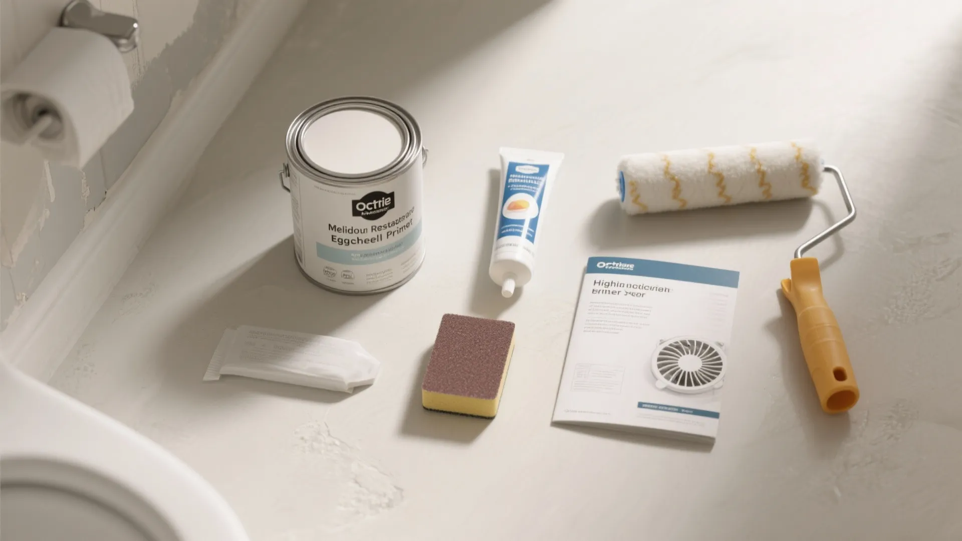 Painting tools including a paint can paint roller sponge and small tube on white floor