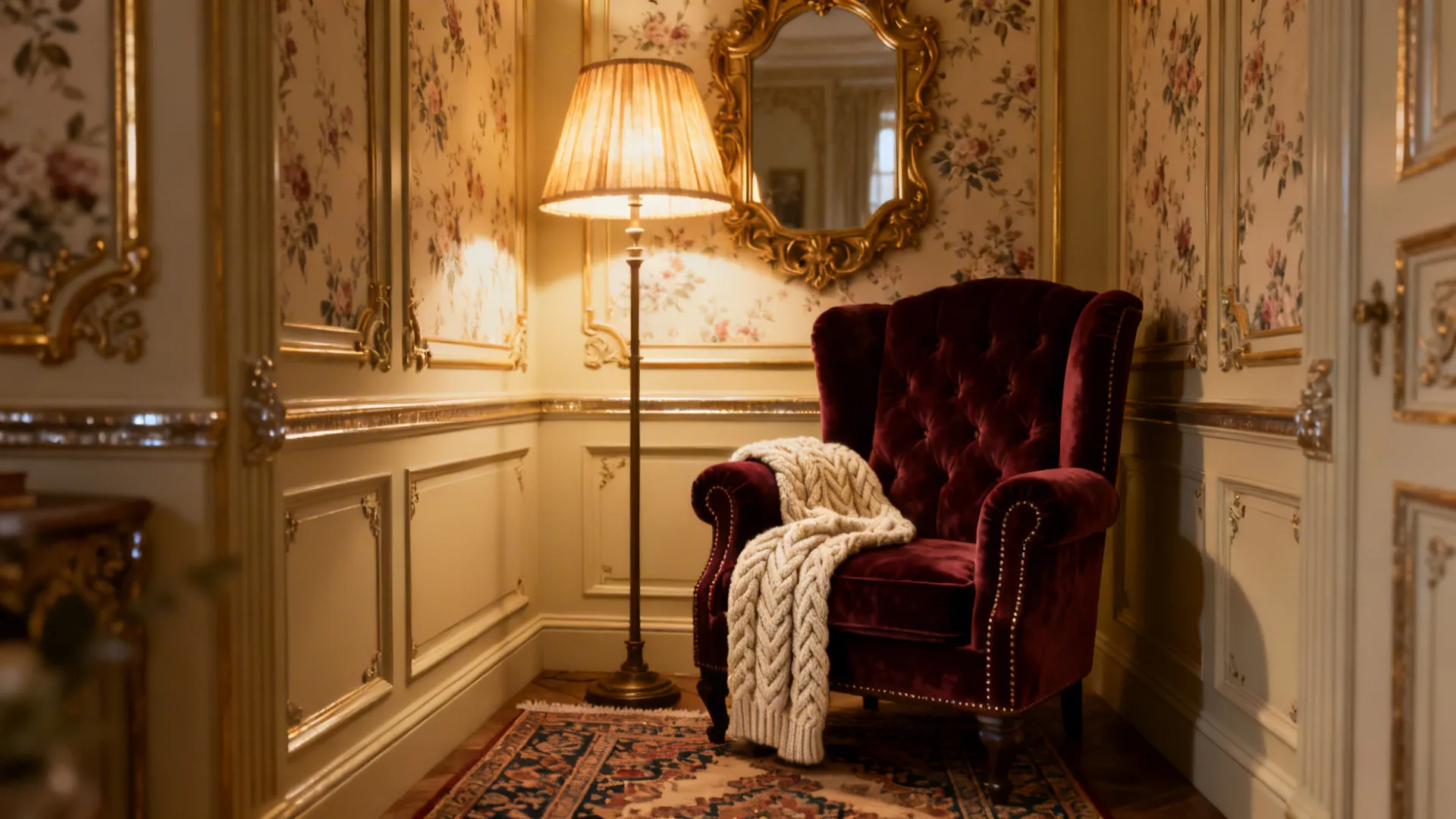 Cozy Victorian reading nook with eggshell-painted walls and softened ornate trim.