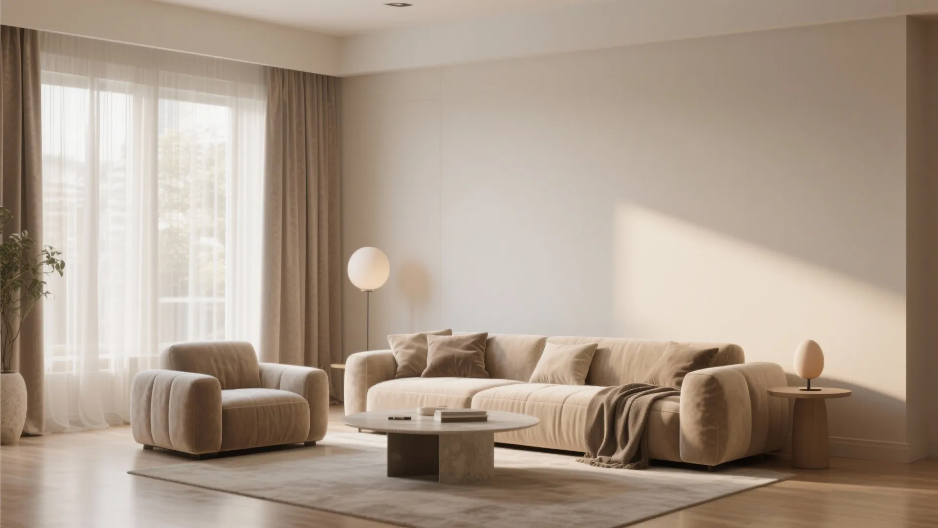 Minimalist living room with beige sofa and armchair under natural light from windows with light curtains