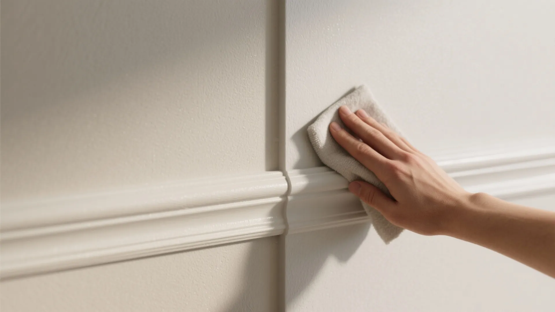 Hand cleaning white wall panel with a small cloth to show the smooth paint surface