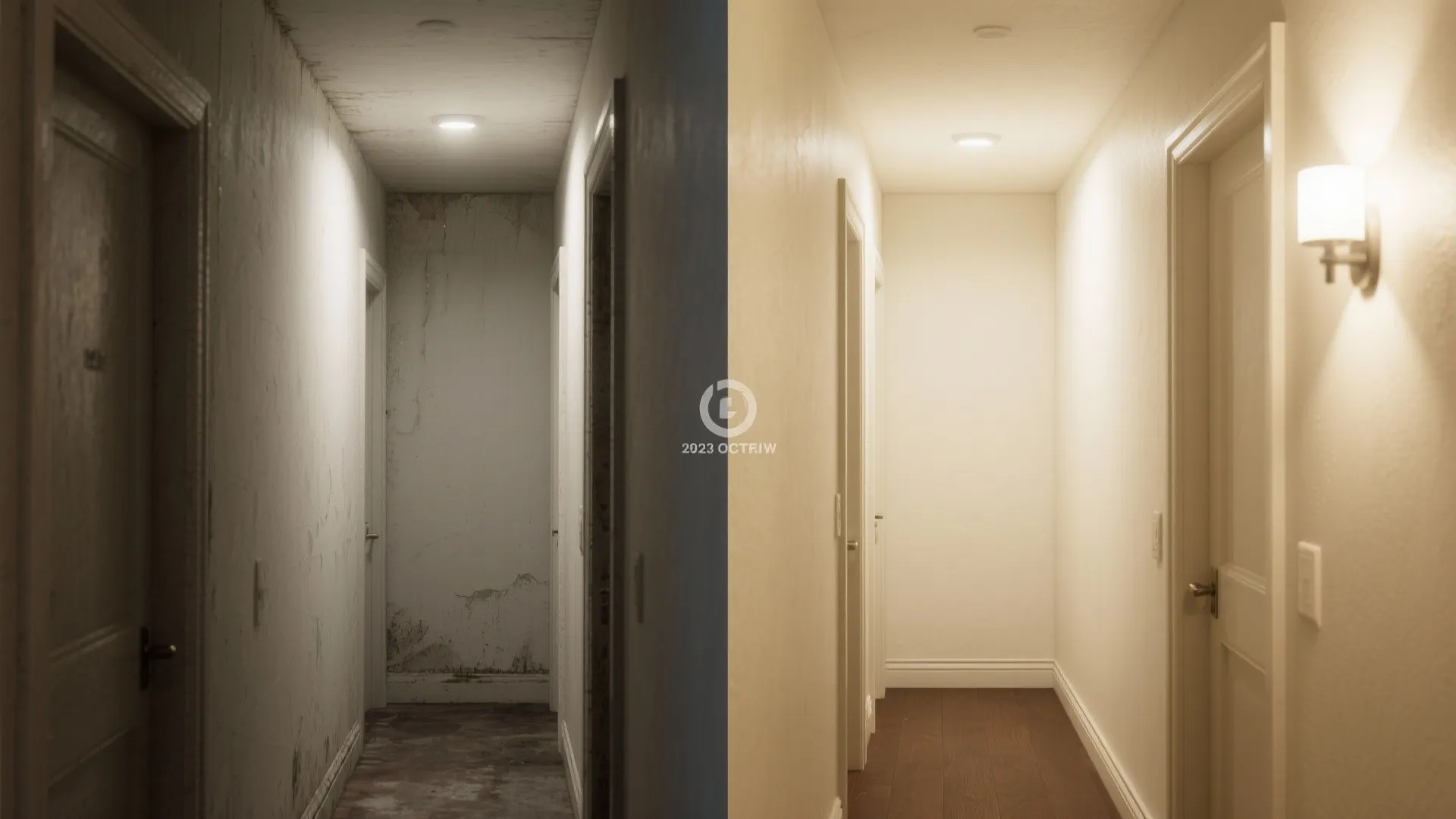 Before and after comparison of a dark messy hallway versus a clean bright lit hallway design