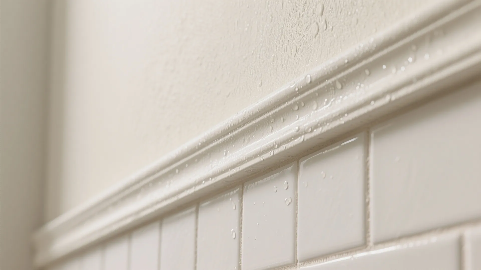 Close-up of eggshell/satin paint finish on a bathroom wall showing subtle sheen and easy-clean texture.