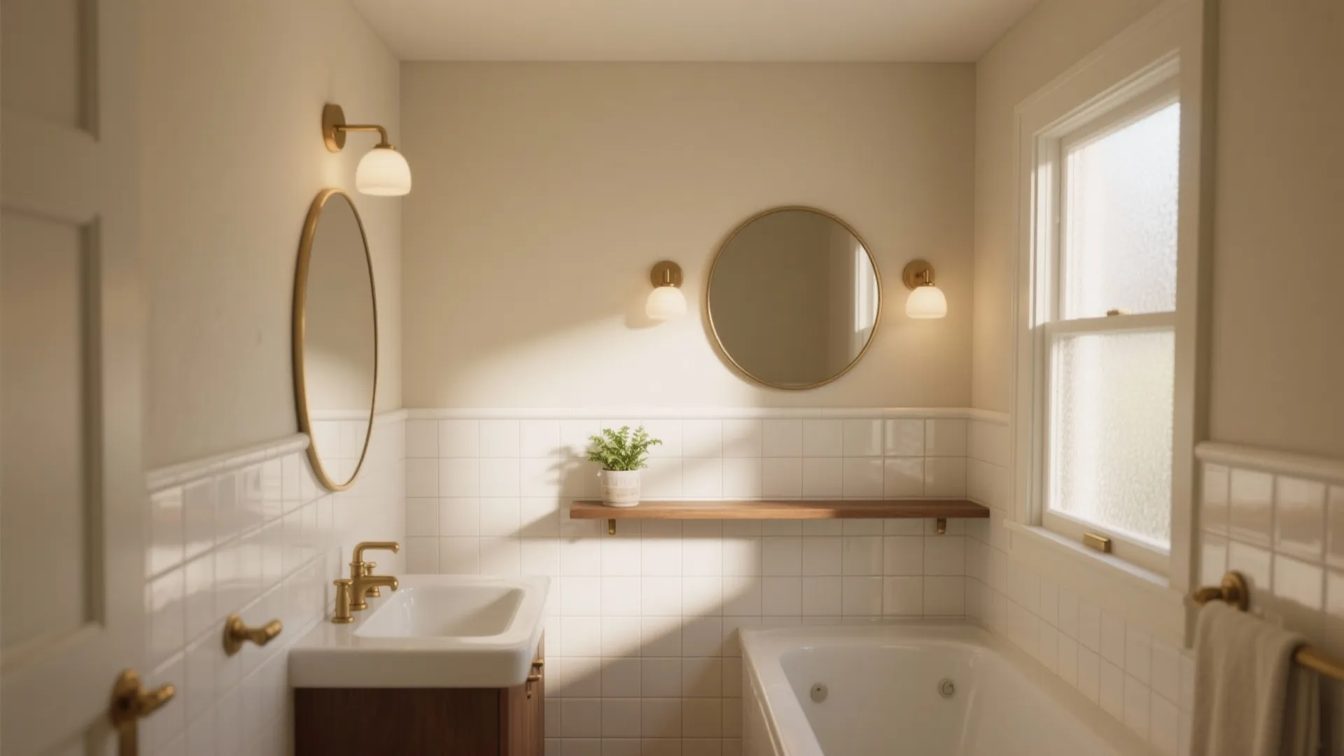 Small bathroom interior with white wall tiles wooden shelf round mirrors and warm wall lights