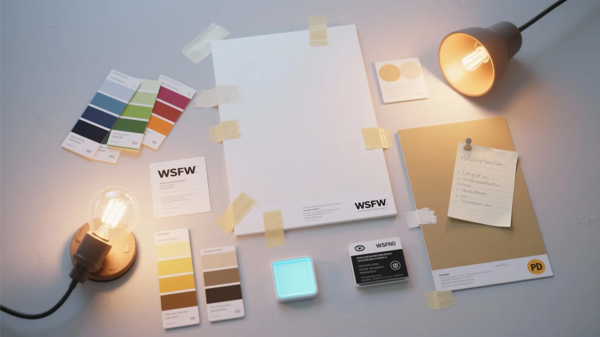 Interior design workspace with color swatches, white paper, sticky notes, and two warm desk lamps