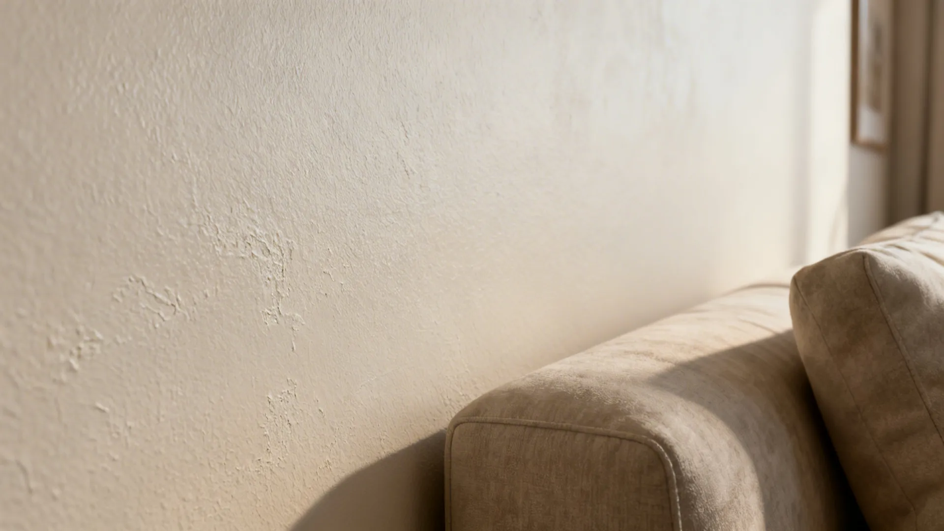 Close-up of eggshell paint texture on a living room wall near a sofa