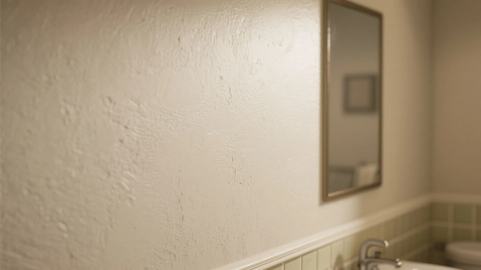 Close up view of cream white wall with textured paint finish next to bathroom mirror