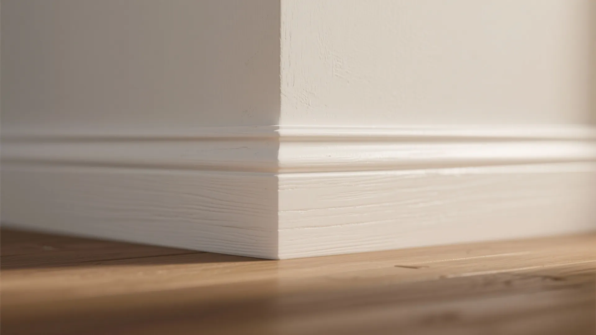Close up of white wall panel trim on a corner with light wood floor and sunlight
