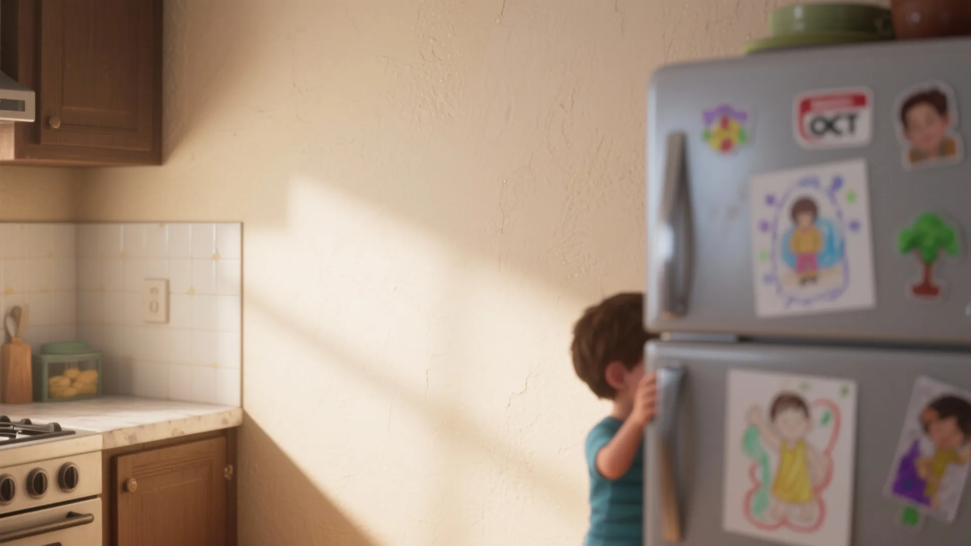 Light beige kitchen wall next to a fridge with magnets and a child standing nearby