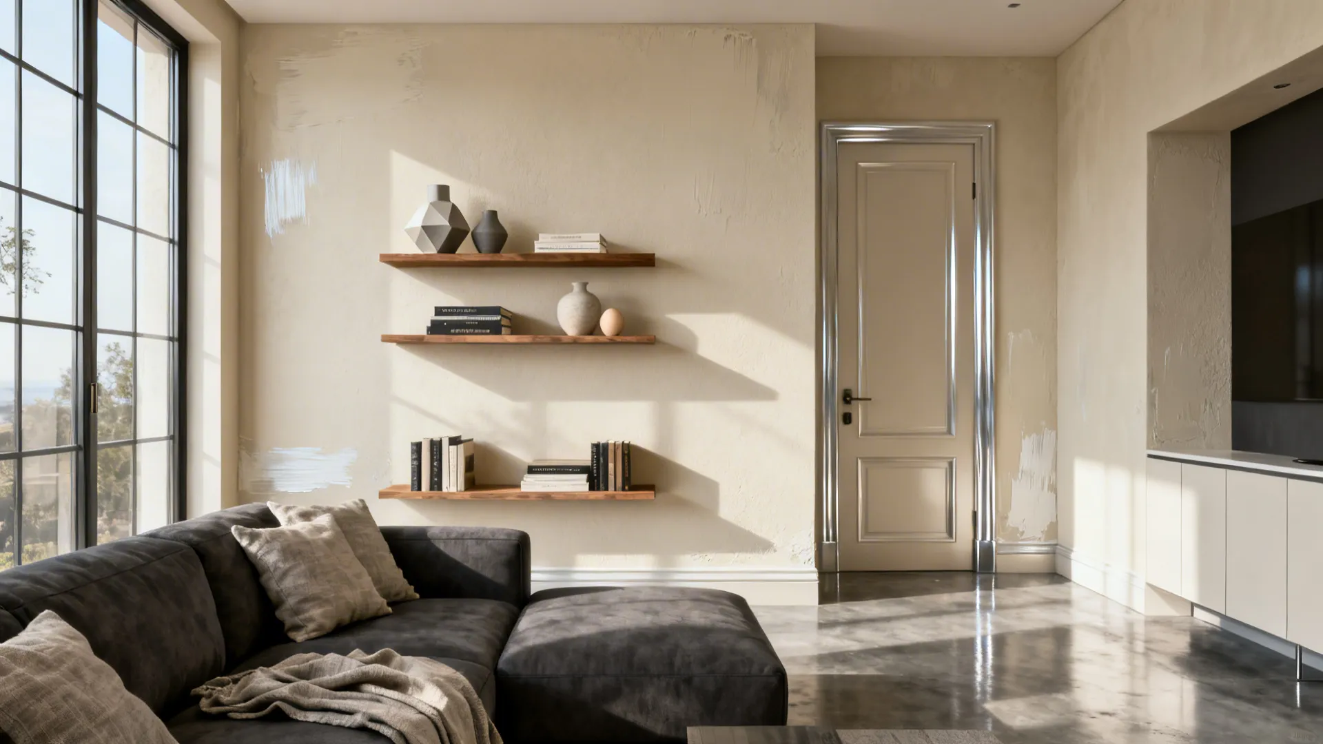 Living room showing eggshell walls with satin trim and doors for durability