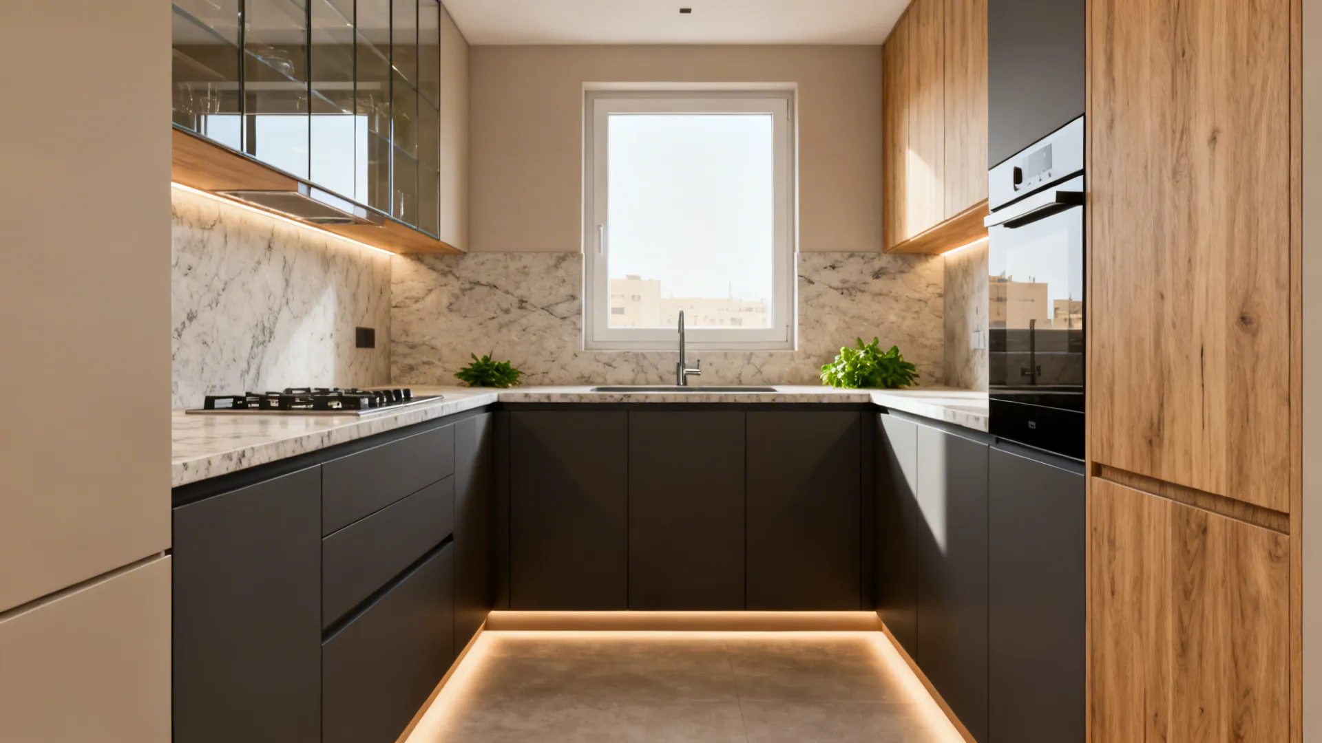 U-shaped kitchen with black cabinets wood wall units marble backsplash window and warm led lighting