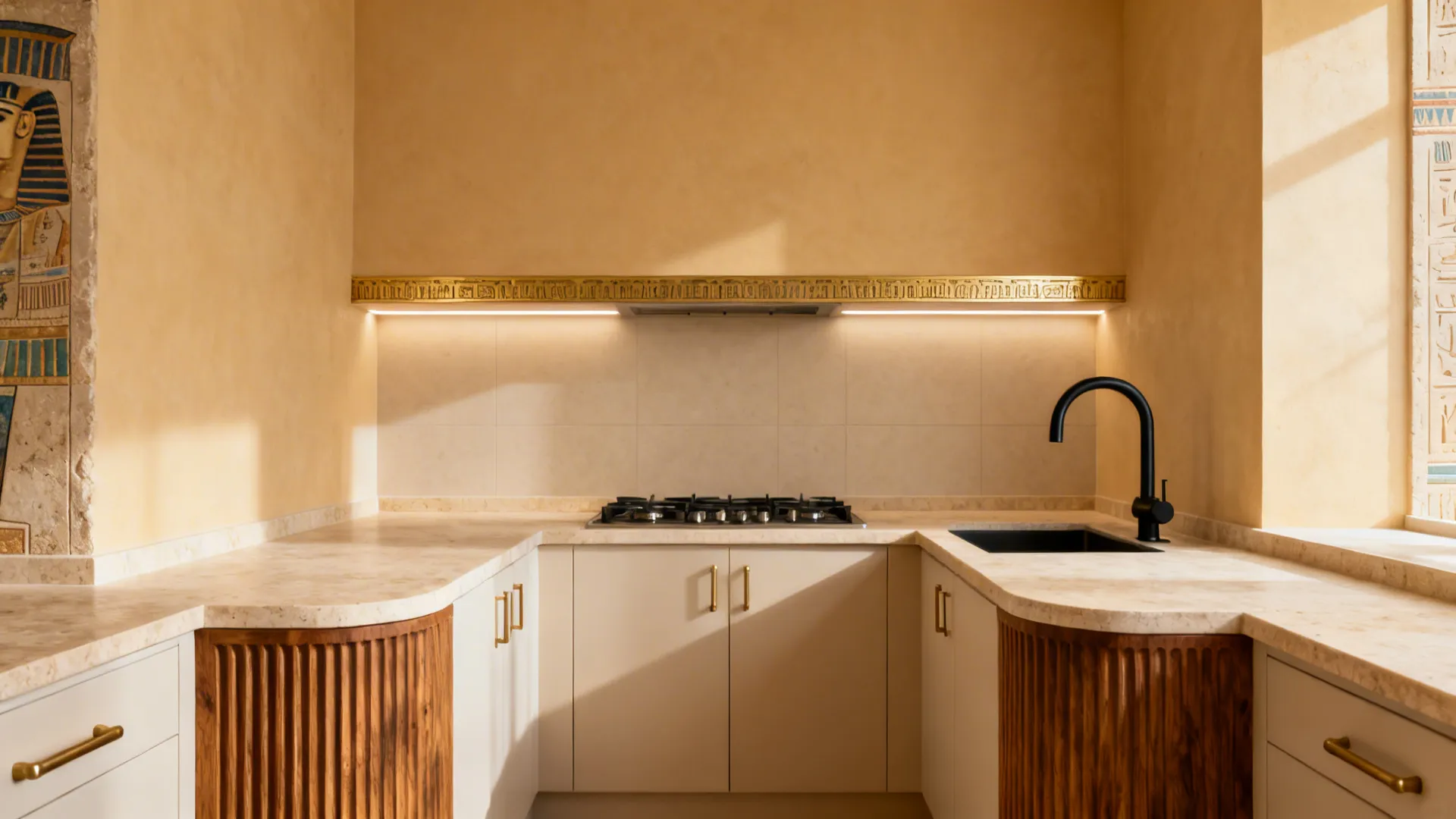 Egyptian themed kitchen with beige walls black faucet gas stove wood cabinets and stone countertop