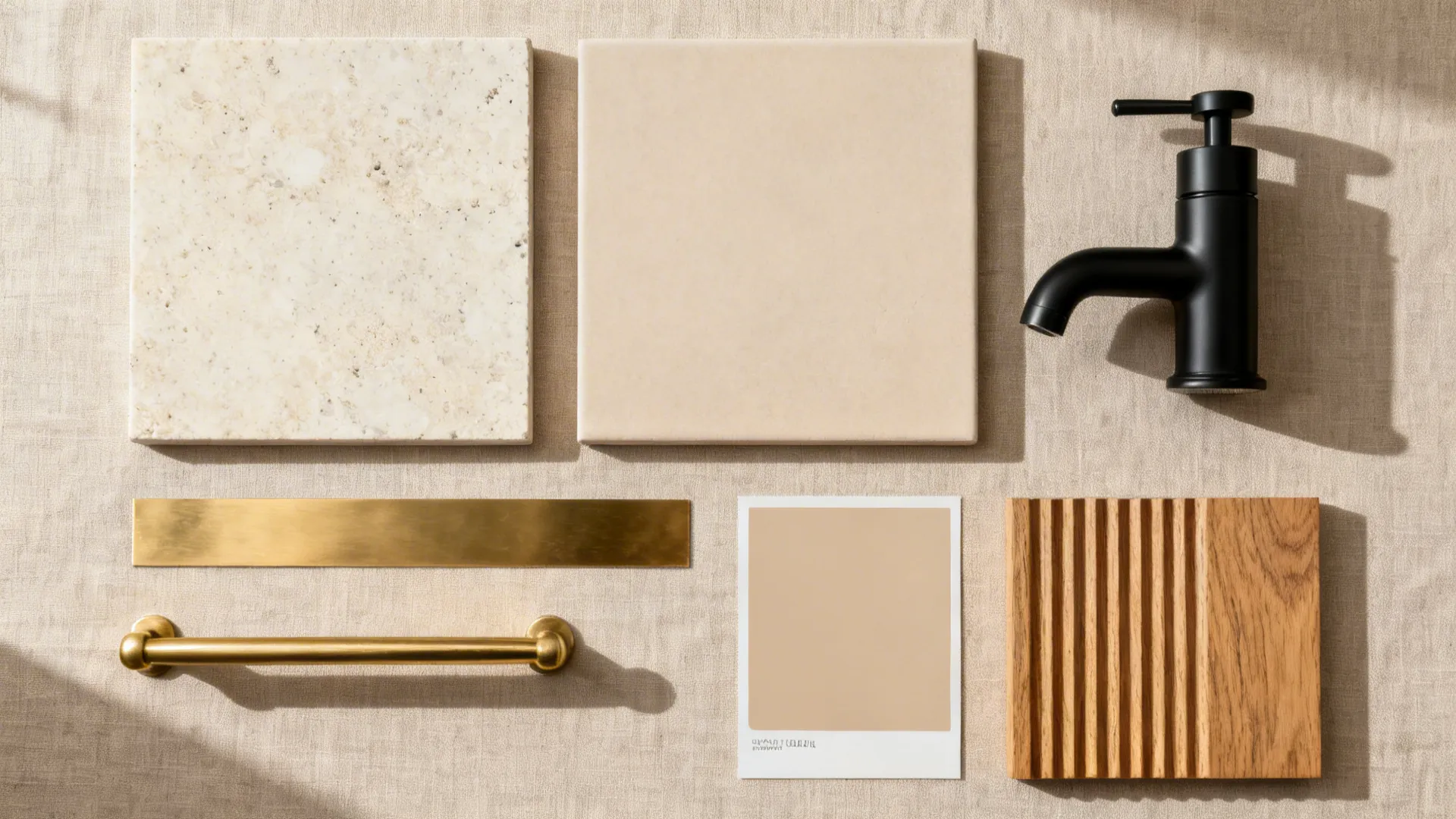 Interior design mood board with stone tiles, black faucet, gold handles, wood, and color samples