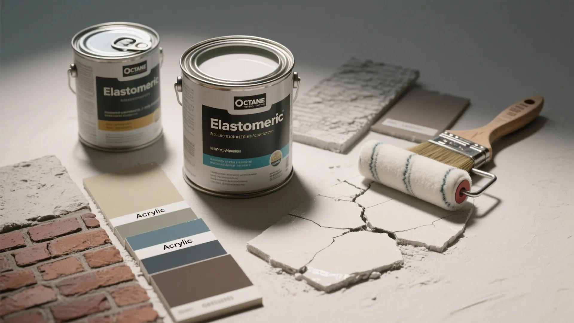 Two cans of elastomeric paint with a paint roller wooden brush and colorful wall swatches