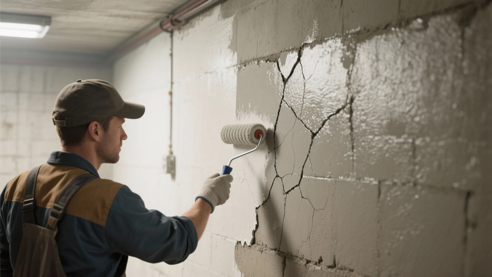 Man using a paint roller to apply grey waterproof coating over a cracked basement wall