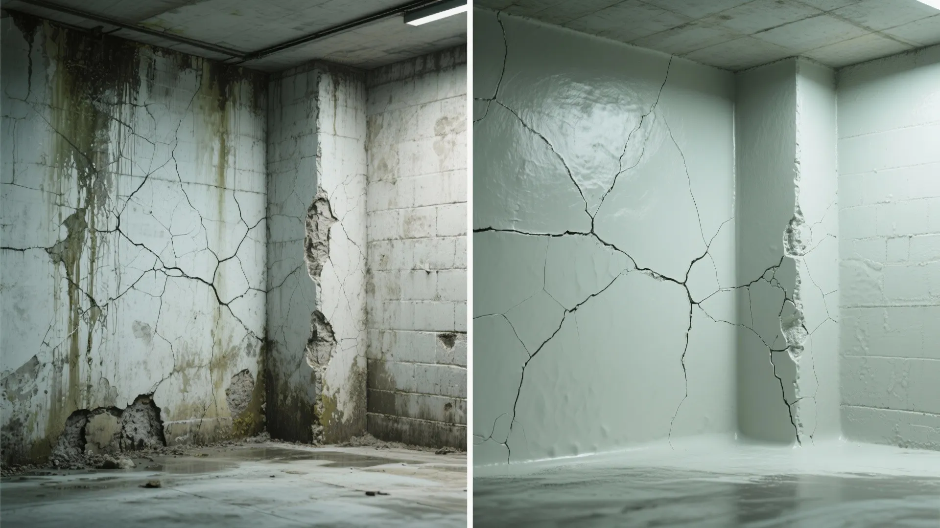 Before and after comparison of cracked basement wall covered with thick grey waterproof wall paint