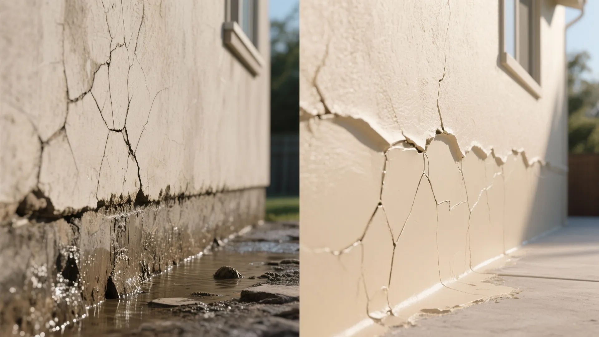 Side by side comparison of a cracked outdoor wall versus a newly painted smooth surface