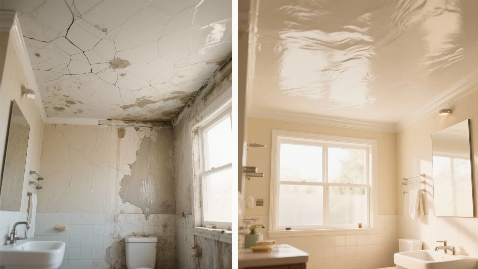 Before and after comparison of a damaged moldy bathroom ceiling versus a clean shiny repaired ceiling