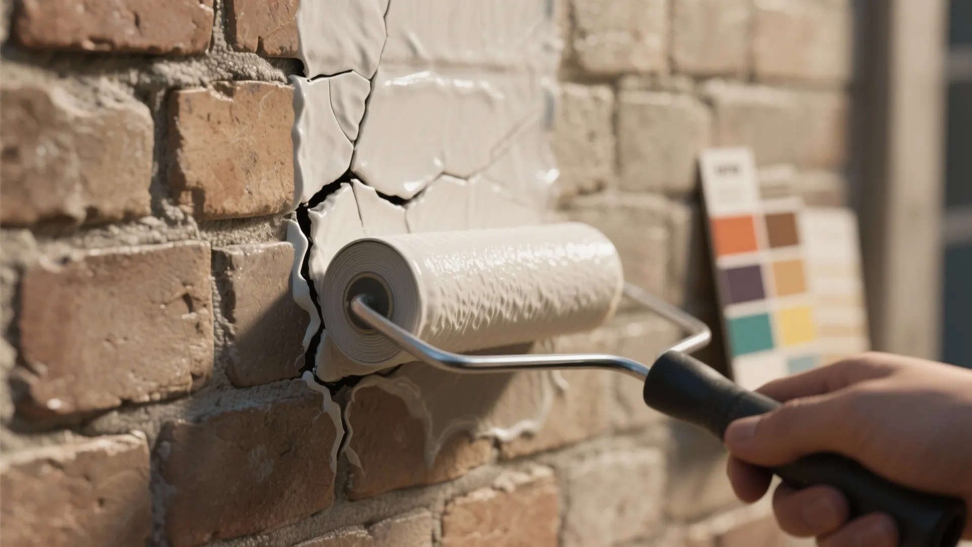 Hand holding paint roller applying thick white coating to a textured red brick wall outside space