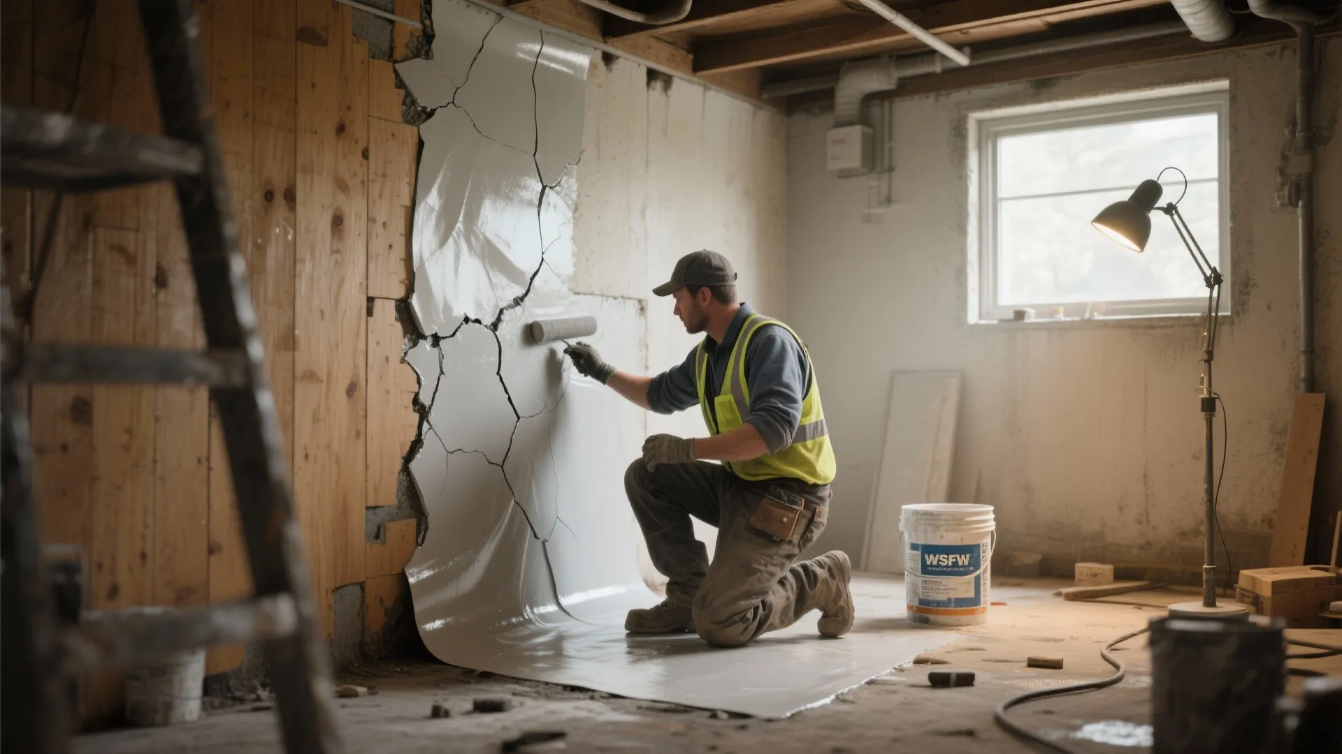 Worker applying high-build elastomeric waterproof coating on a basement wall to bridge cracks.
