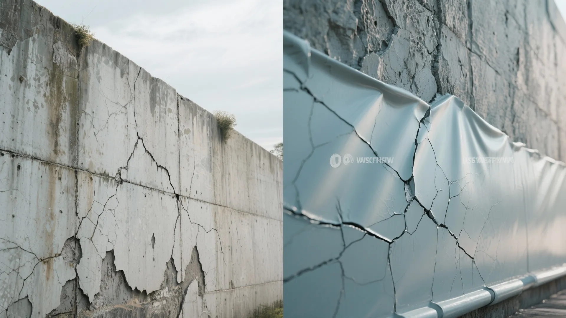 Cracked concrete wall next to a smooth blue coating applied over a damaged wall surface