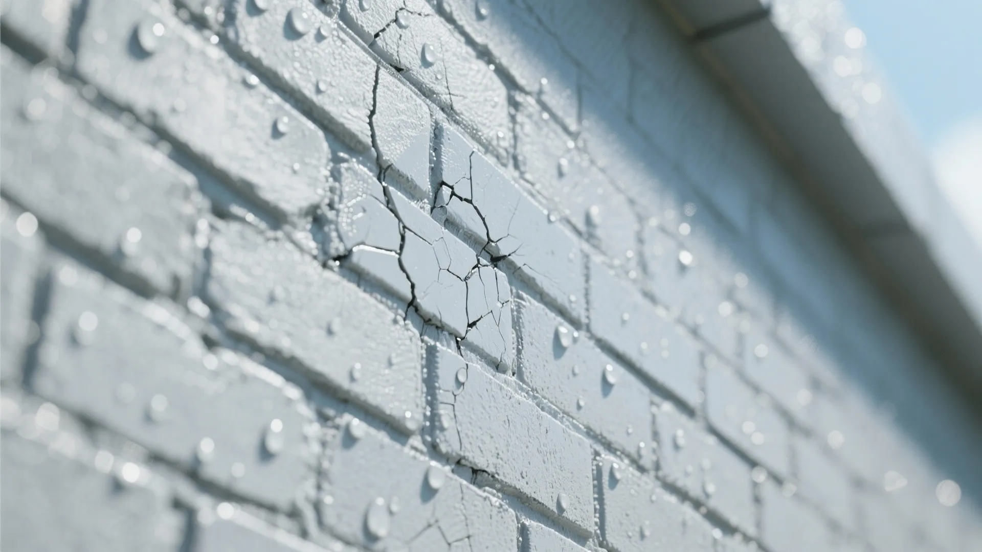 Close up of white brick wall with cracked paint and water droplets on the surface