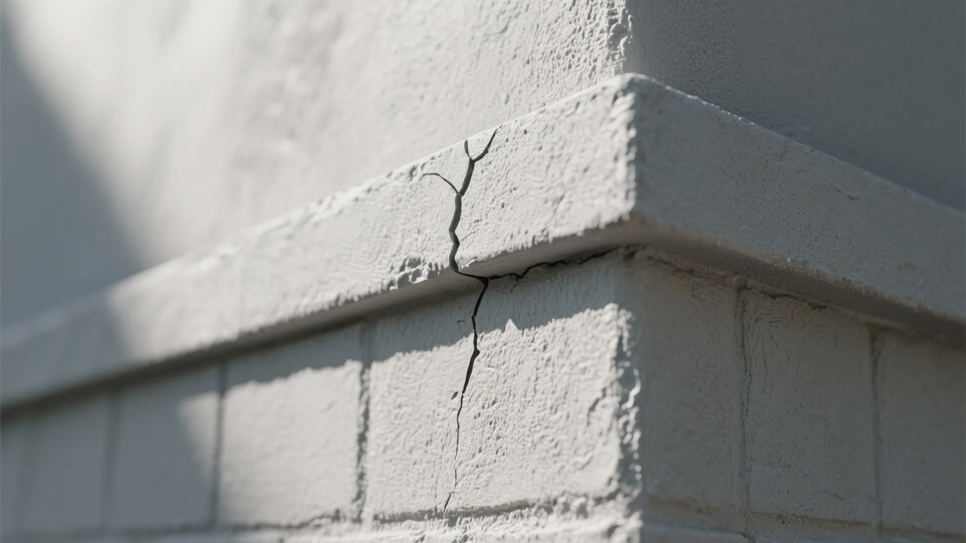 Close up showing a deep crack in the corner of a white painted brick wall outside
