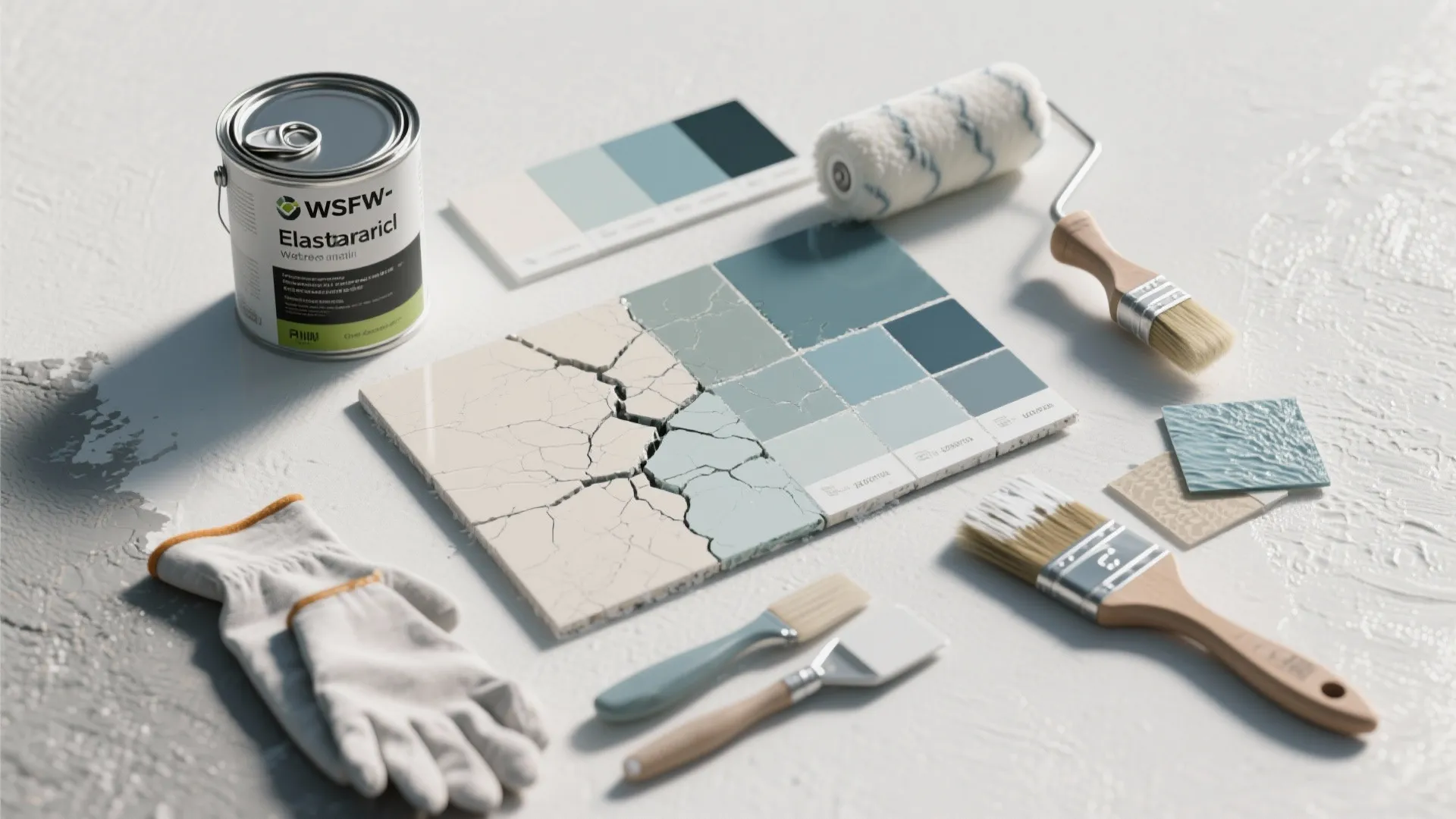 Paint supplies including a can, roller, brushes, and blue color samples showing a cracked surface