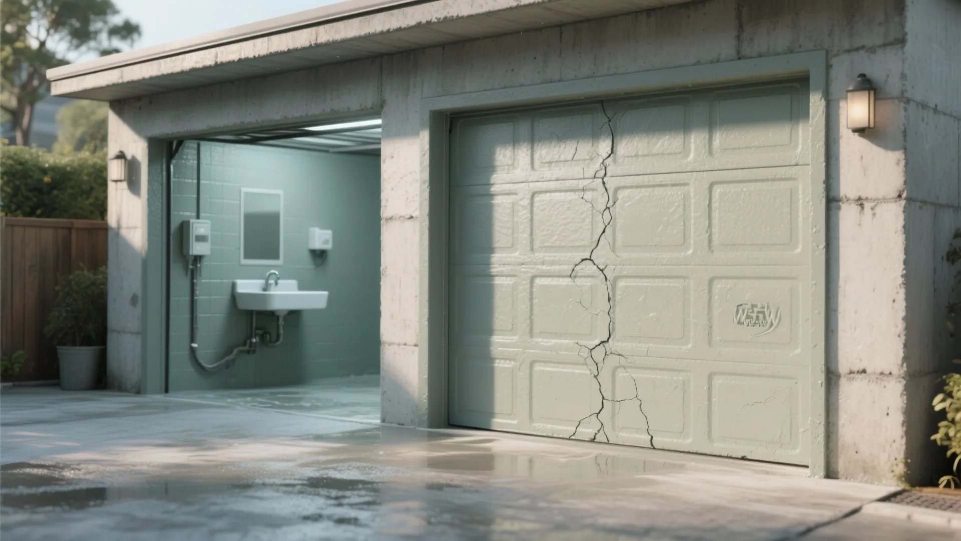 Close up of a green garage door with a large crack showing concrete wall and sink