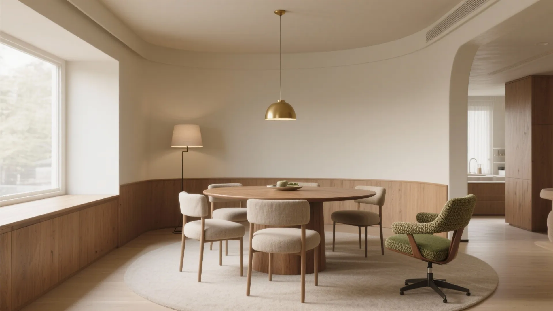 Round table set at the elbow with a swivel chair angled across the bend and clear sightlines.