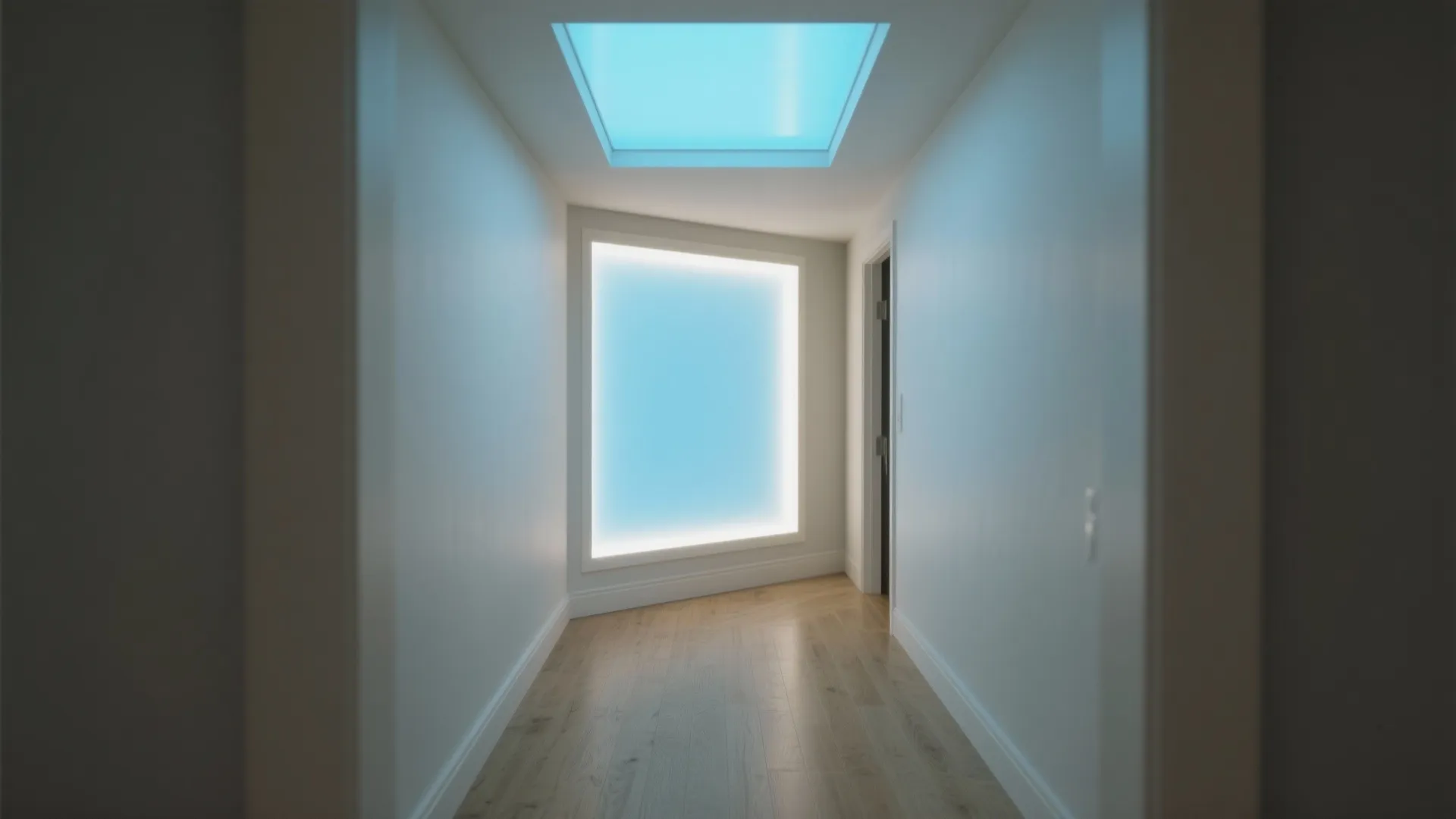 Modern hallway with wood flooring and blue glowing rectangular roof window and wall light panel