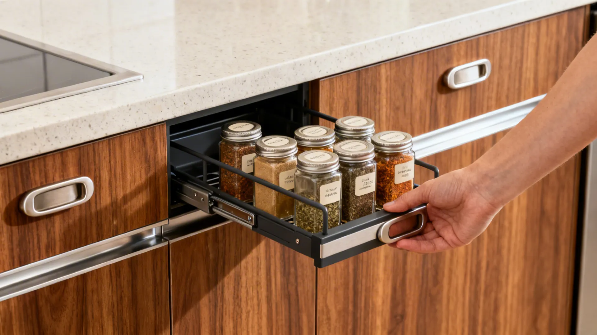Macro of an elbow-height pull-out spice rack with labeled jars and D-handle.