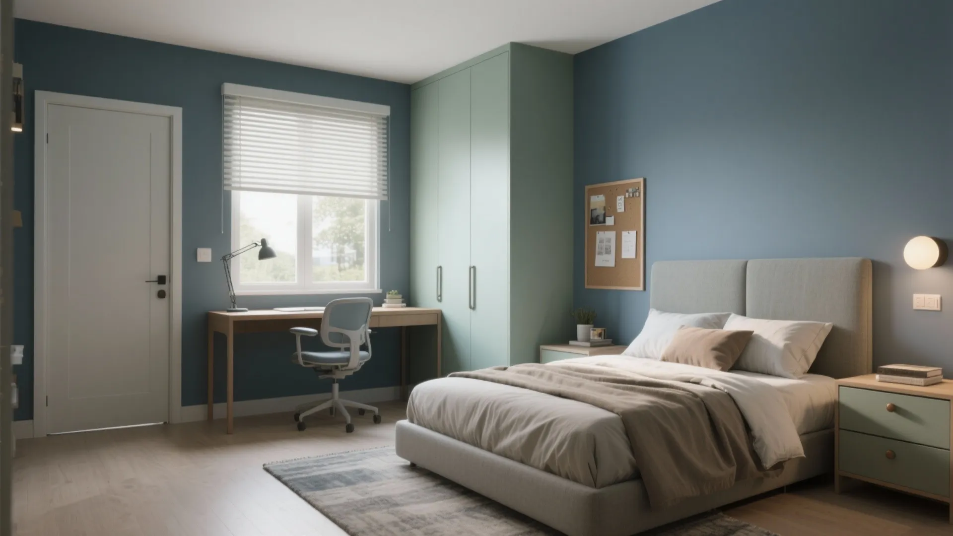 Blue bedroom with wooden desk, grey bed, green cabinet, white window blinds and light floor