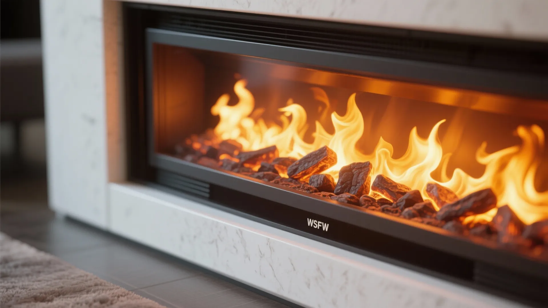 Macro detail of an electric fireplace with realistic flames and ember bed.