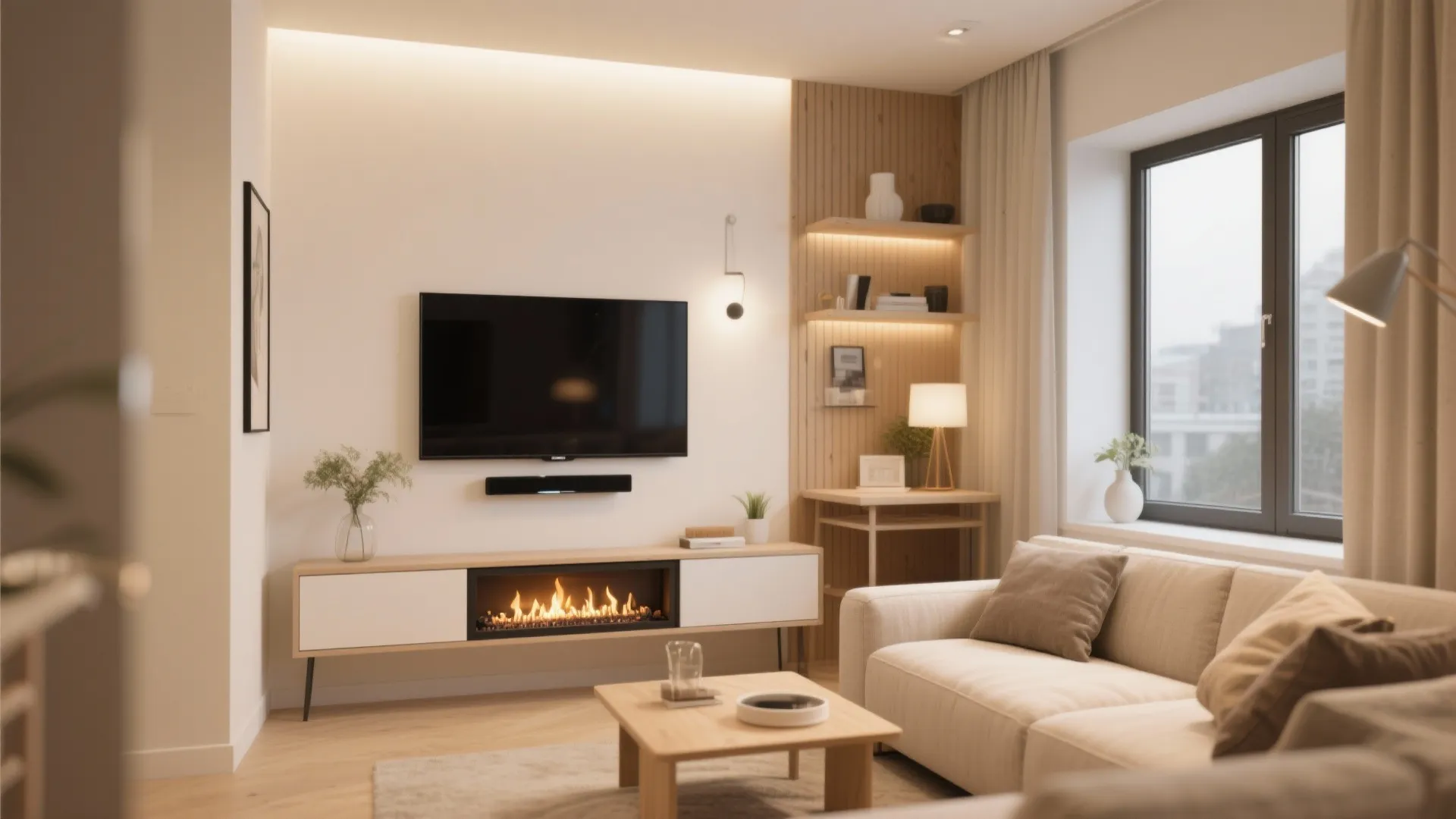 Cozy living room with television and electric fireplace built into a white and wood cabinet