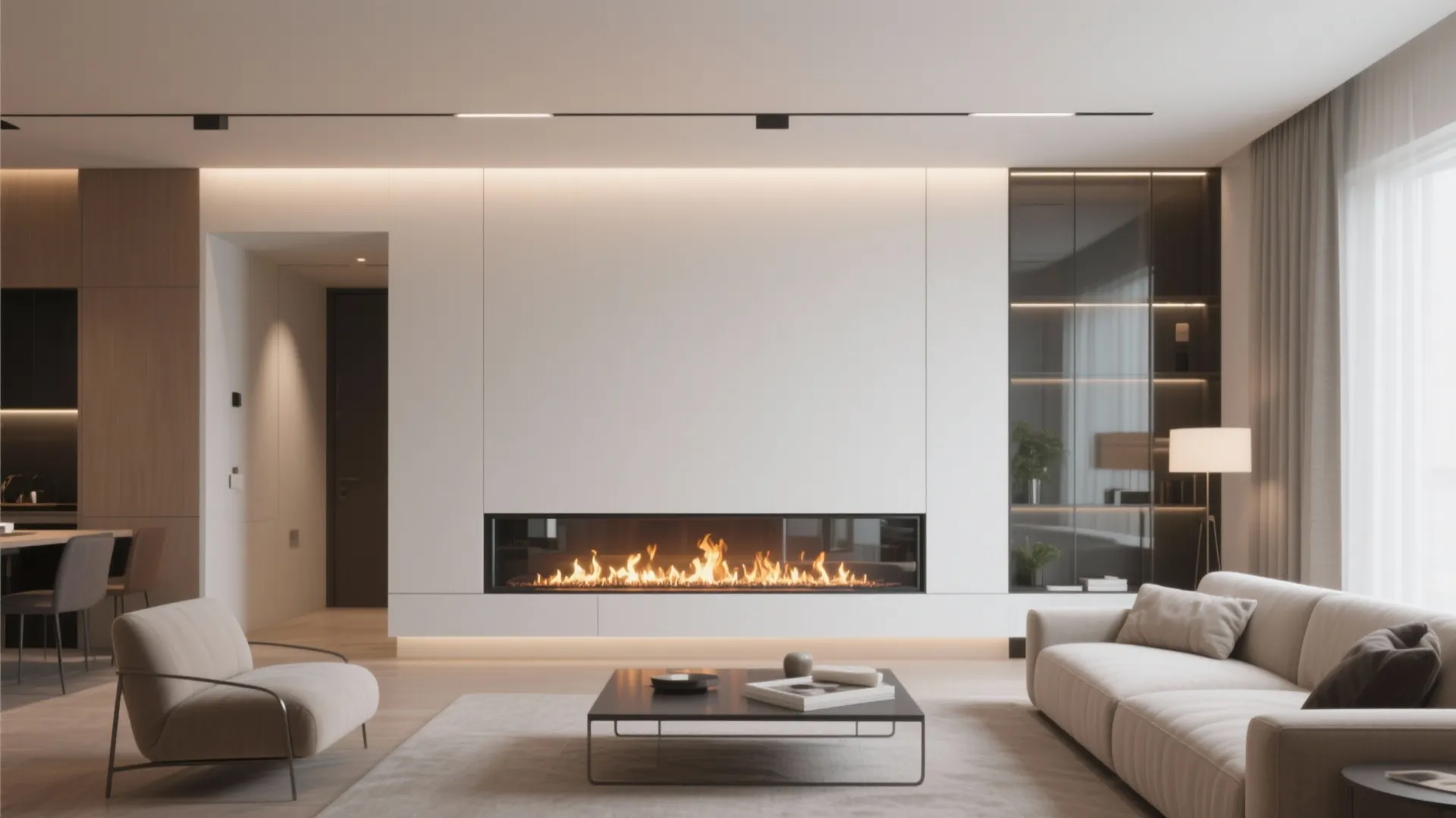 Modern white living room featuring a long electric fireplace built into the wall with sofa