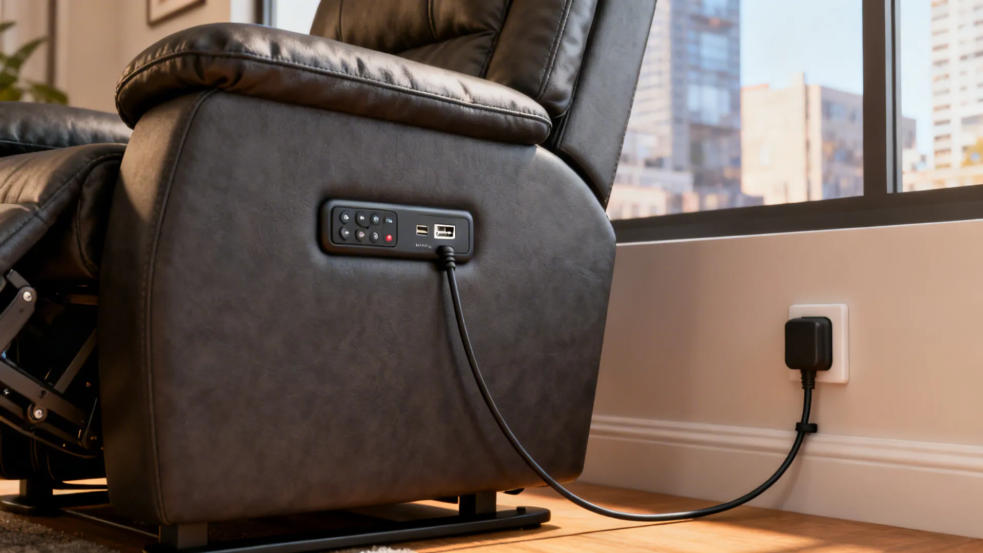 Detail of a compact electric recliner's USB ports and neatly routed power cord in a small apartment.