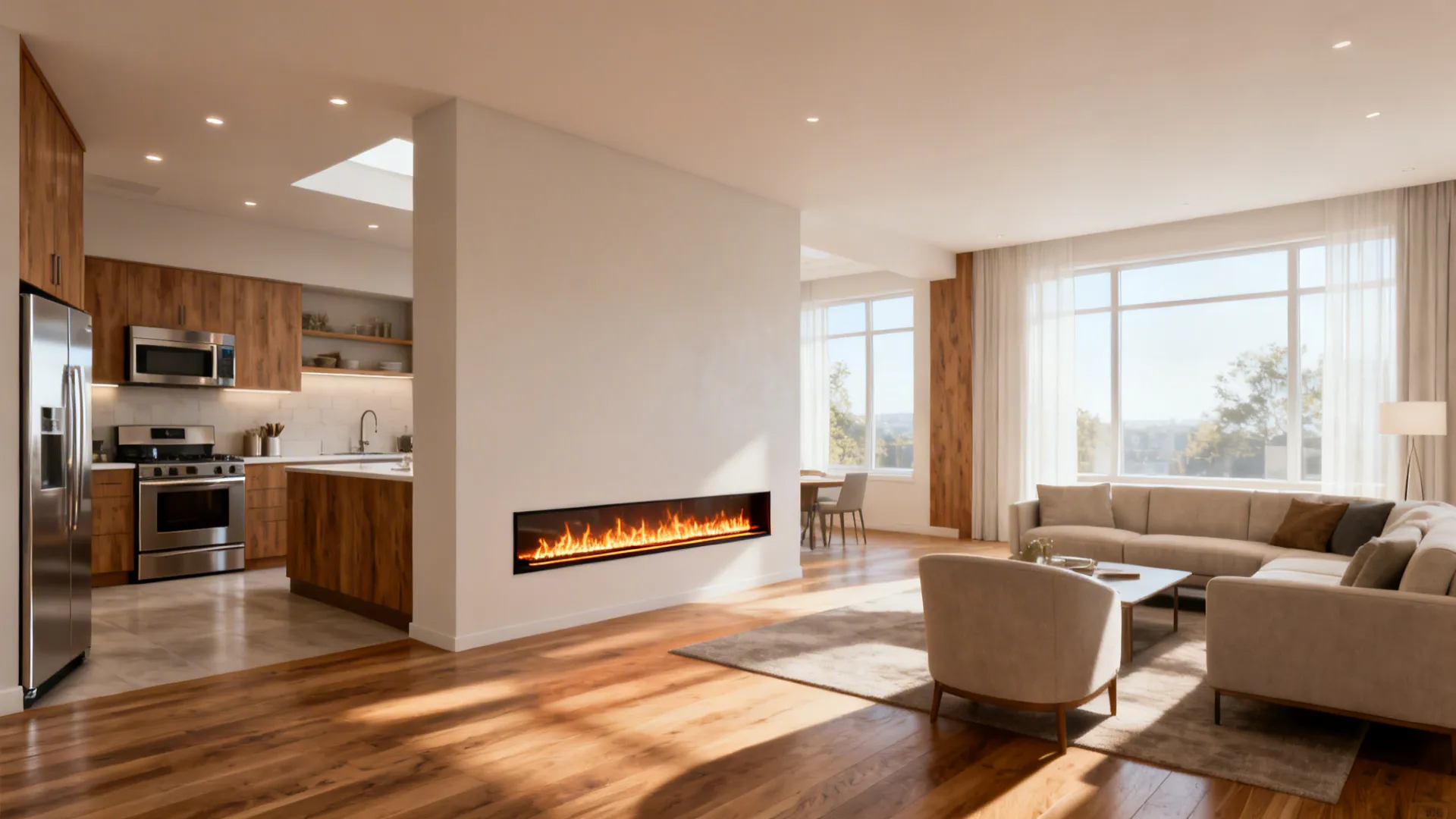 Slim electric ribbon fireplace on a dividing wall between kitchen and living area, offering low-maintenance style.