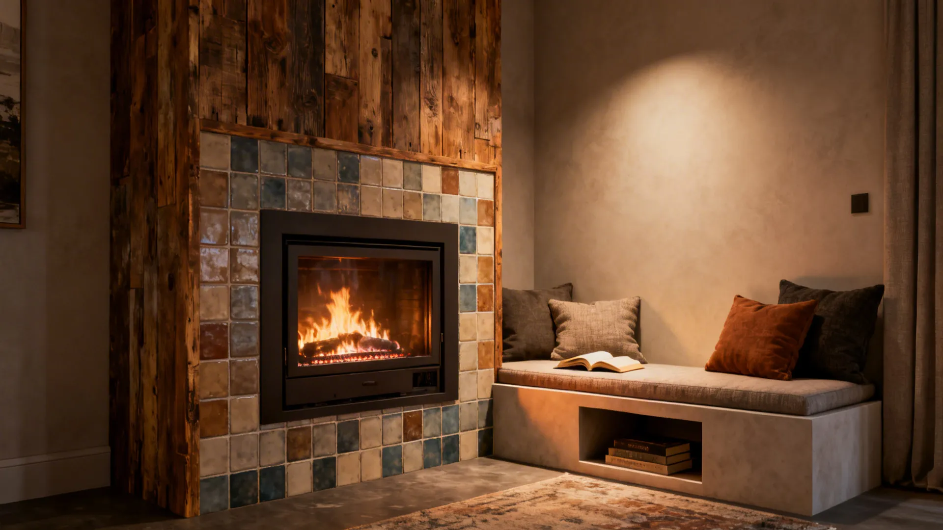 Electric fireplace with decorative surround and a cozy seating nook with cushions.