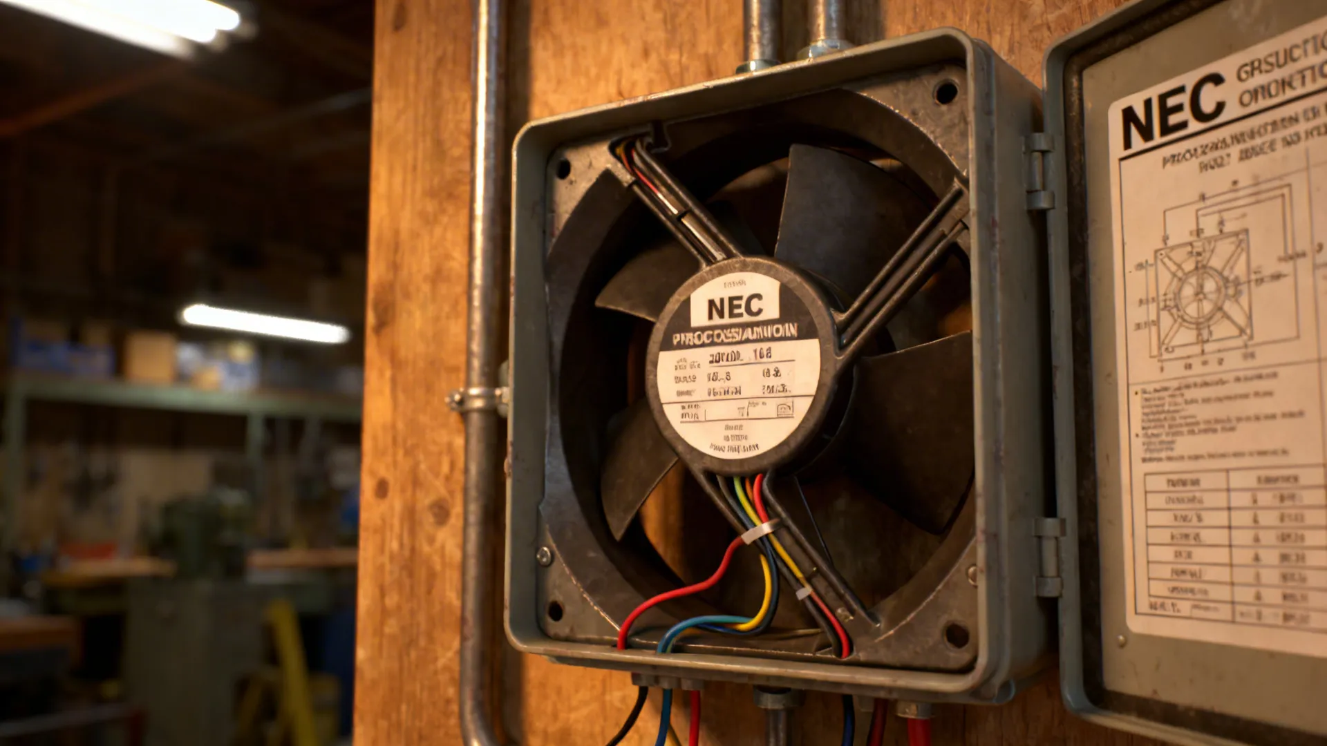 Fan-rated electrical box and wiring detail showing compliant installation per guidelines.