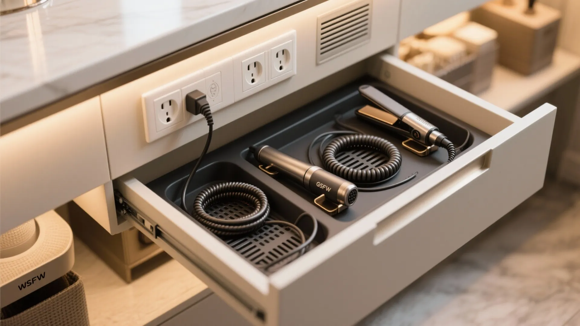 Open bathroom drawer with built-in power outlets holding a hair dryer and a hair straightener