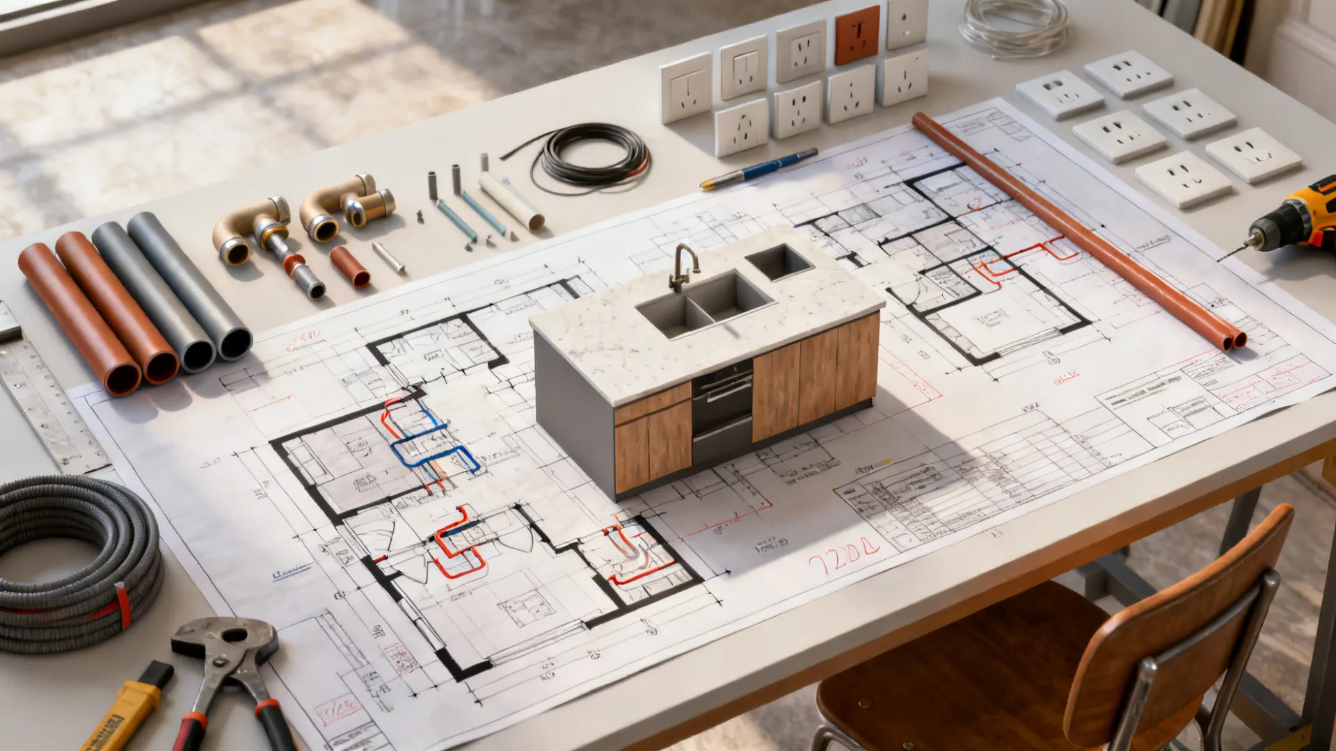 Floor plan with a 3D kitchen sink model surrounded by pipes tools and electrical outlets