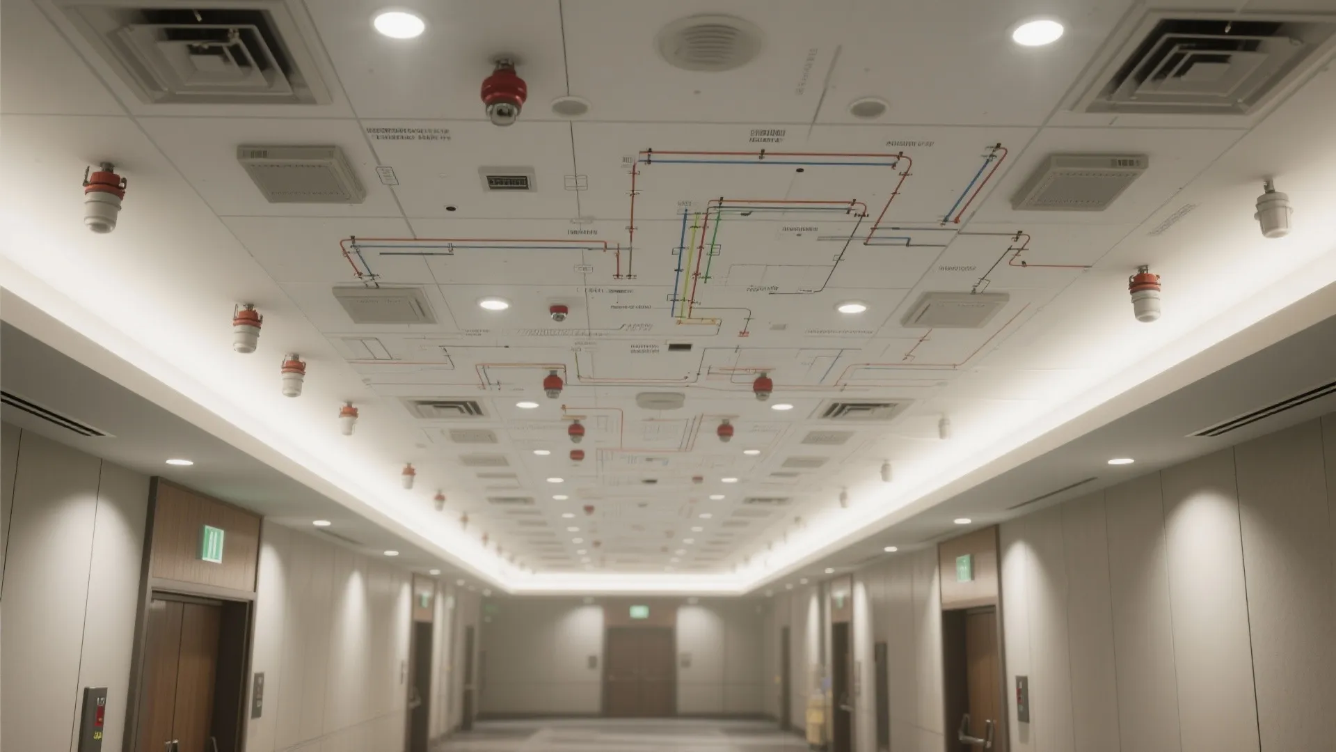 Commercial hallway ceiling showing complex electrical safety plan with various colored wires and small sensors