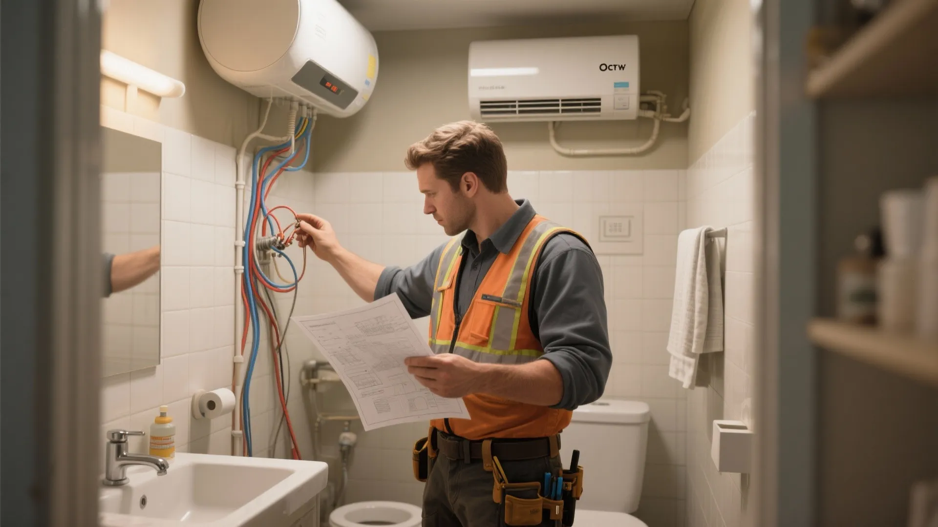Electrician wearing orange safety vest holding paper plans while inspecting water heater pipes in bathroom