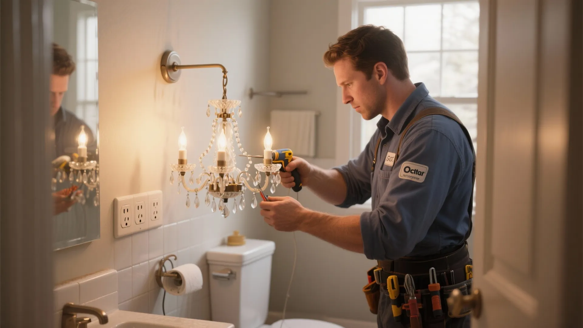 An electrician using a power drill to install a crystal wall light in a bathroom