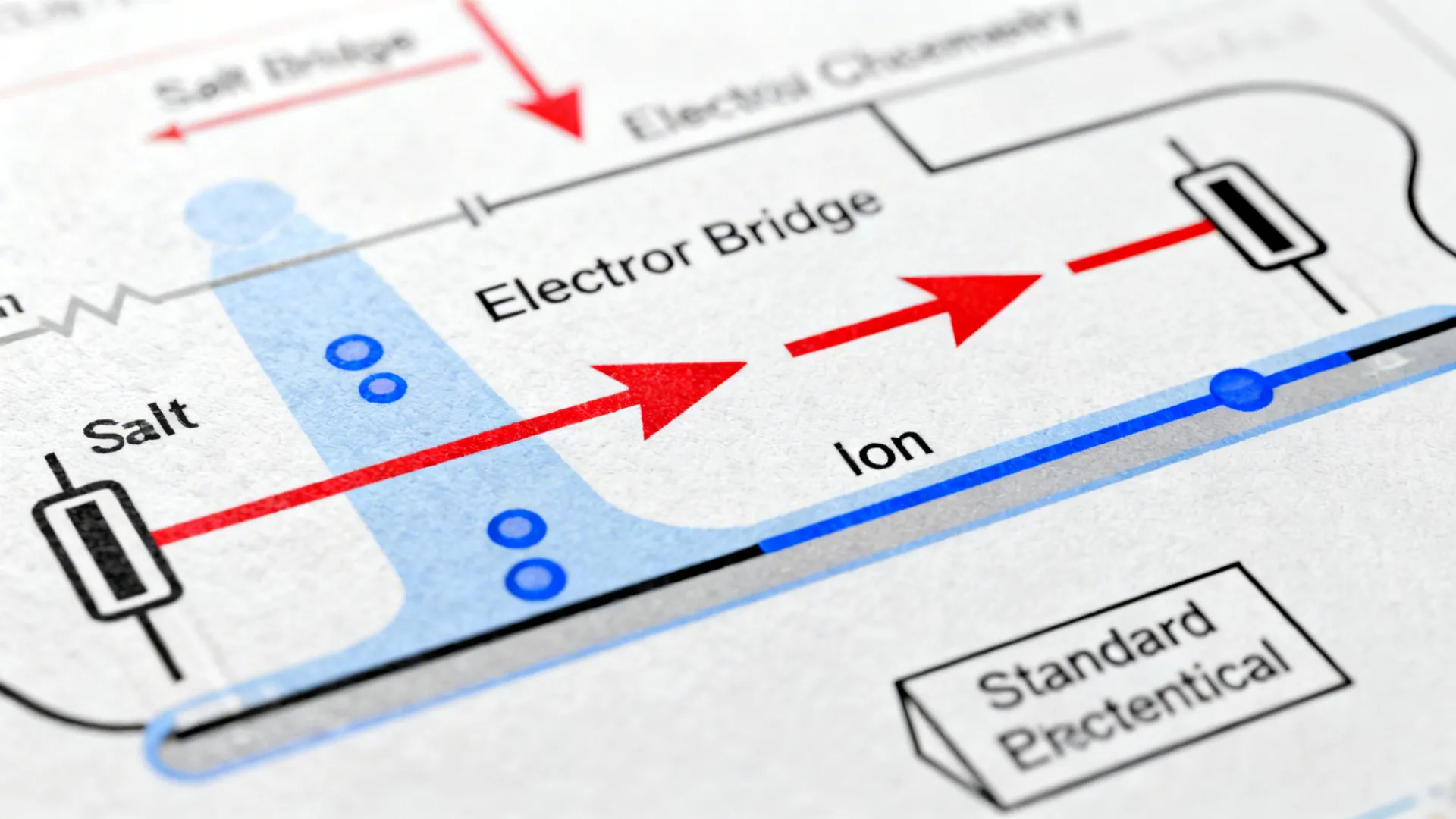 Macro detail of salt bridge with red electron and blue ion arrows on a matte chart.